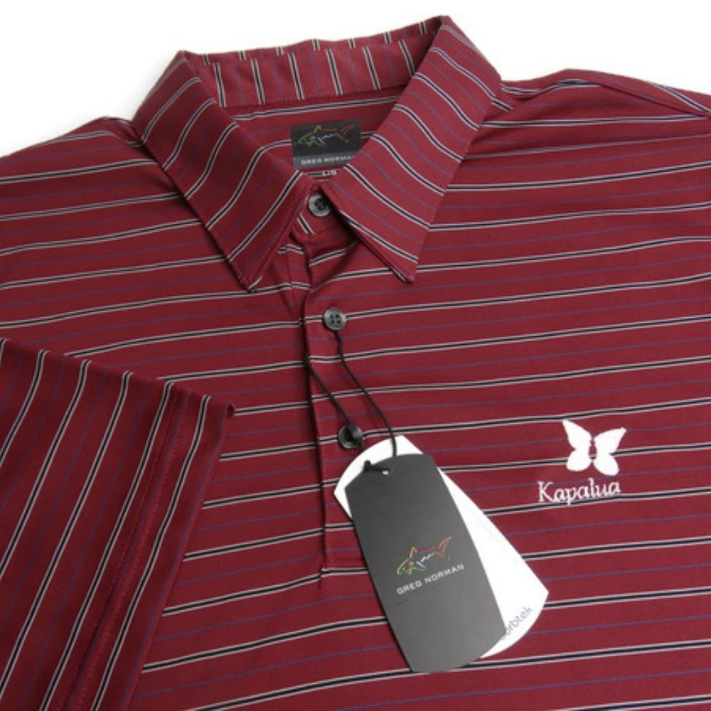 NEW Greg Norman Men's Large Dark Red Striped Kapalua Golf Polo Shirt